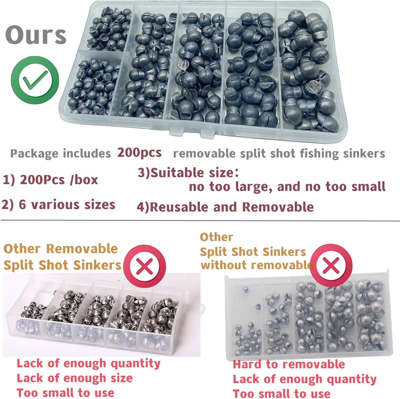 DAMIDEL 200Pcs/Box Big Size Removable Split Shot Fishing Sinkers(1/7oz,1/9oz,1/10oz,4/50oz,1/25oz,1/50oz Mixed)，Adjust Open Mouth Design Fishing Weights Clip for Freshwater Saltwater - Image 3